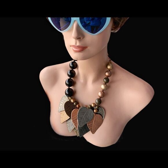 Large runway mixed metal copper silver black bead leaf necklace - Picture 5 of 16